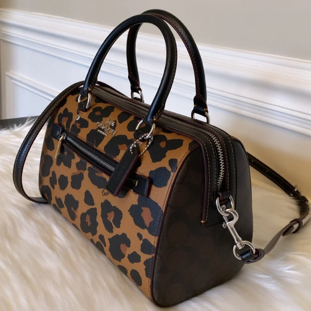 NWT💃Coach Rowan Satchel In Signature Canvas With Leopard Print - Picture 3 of 13